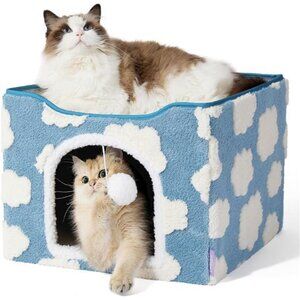 Cat Bed Indoor Cat House Large Cat Cave Foldable Kitten Hideaway with Hanging Ba